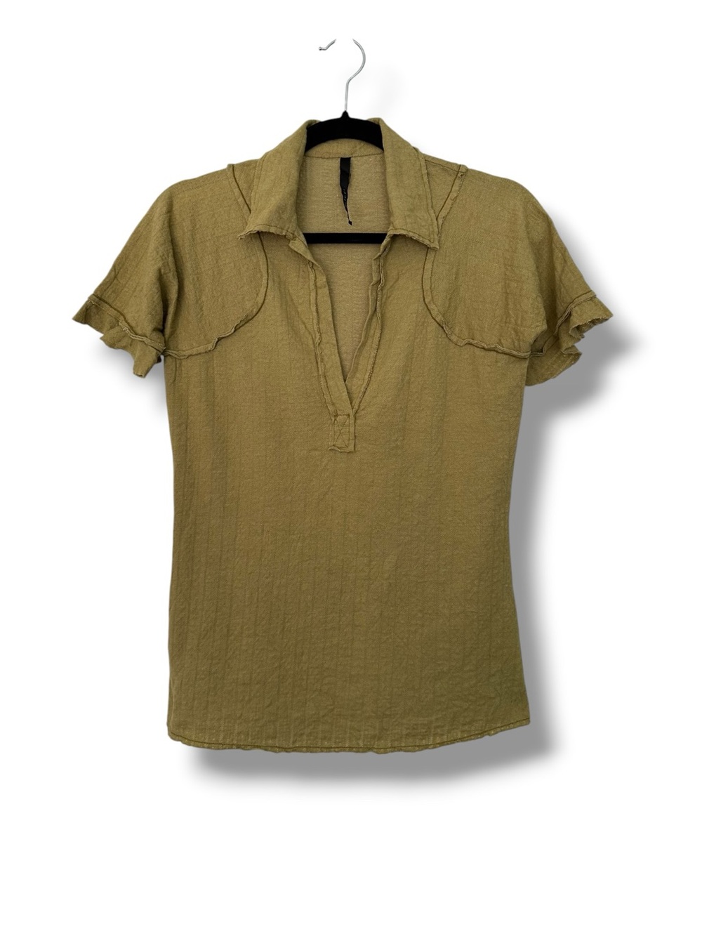 Poleci Moss Green Pointelle Knit Ruffle Trim Short Sleeve Polo Shirt S Grunge